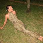 Halter Leopard Embellished Long Dress