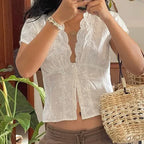 Y2K Bow Puff Sleeve Cardigan Blouse