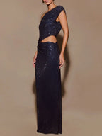 One Shoulder Exposed Waist Diamonds Long Dress