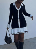 Ruffled Contrast Bow Open Back Lace - Up Knit Mini Dress
