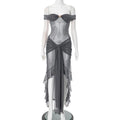 Mesh Ruffled Gray Off - shoulder Long Dress