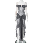Mesh Ruffled Gray Off - shoulder Long Dress