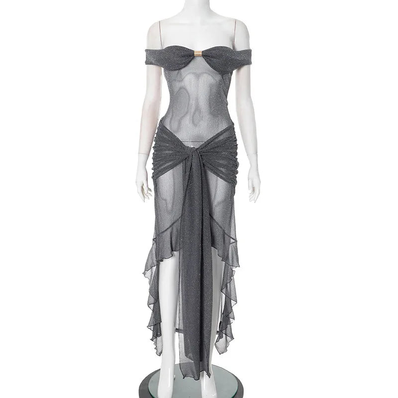 Mesh Ruffled Gray Off - shoulder Long Dress