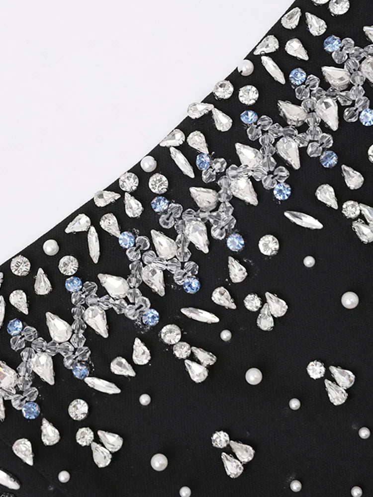 Diamonds Black Crystal Pearl Mini Midi Dress