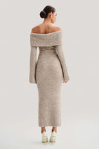 Fluffy Solid Knitted Off Shoulder Midi Dress