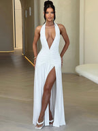 Open Back Solid Thigh High Split Long Dress
