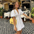 Claudia Minimalist White Mini Dress with Puff Sleeves Elevated Occasion Wear