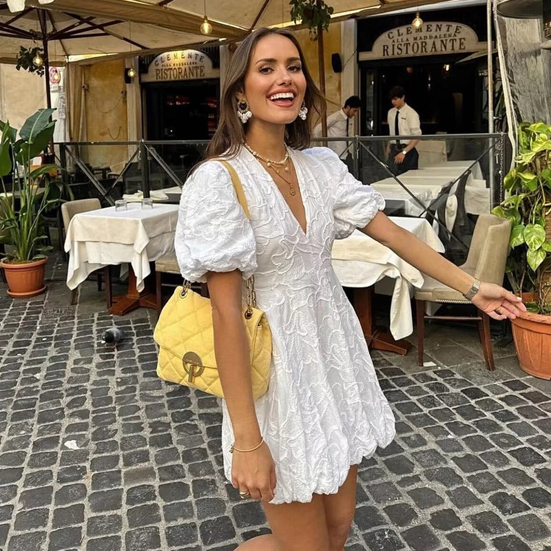 Claudia Minimalist White Mini Dress with Puff Sleeves Elevated Occasion Wear