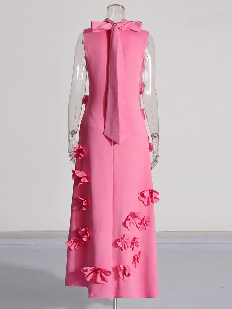 3D Flower Appliqué Mock Neck Midi Dress