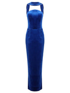 Blue Velvet Halter Sleeveless Maxi Dress