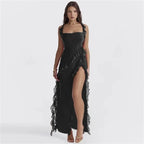 Ruffles Slash Neck Red Black Maxi Dress