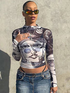 Graphic Print Mesh Long Sleeve Sheer Top