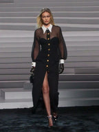 Lapel Mesh Patchwork Button Black Long Dress