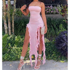 Floral Fold Hem Slit Strapless Mini Dress