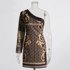 Printed Diagonal Neck Off One - Shoulder Patchwork Bead Dress
