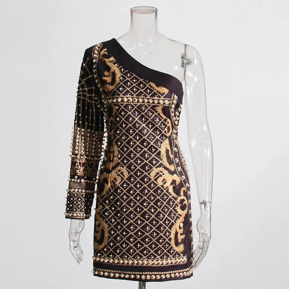 Printed Diagonal Neck Off One - Shoulder Patchwork Bead Dress