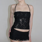 Lace Fairy Tie-Up Sleeveless Low Rise Mini Two Piece Skirt Set