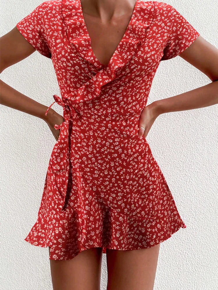 Julia Statement Floral Mini Dress with V Neck and a Line Design Boutique Collection