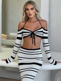 Striped Strapless Long Sleeve Knit Set