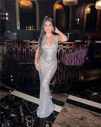 Halter Neck Backless Glitter Long Dress