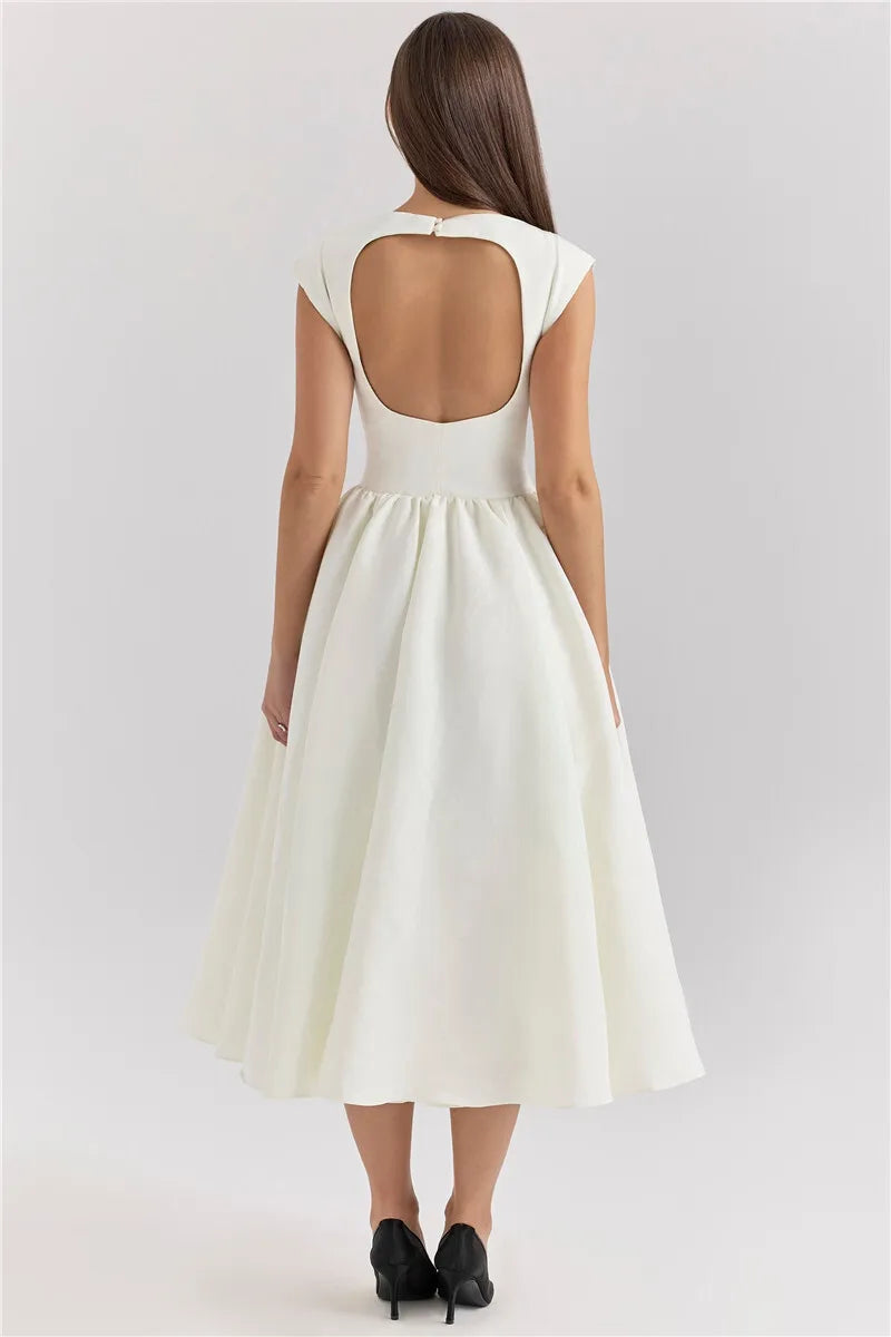 White Backless Solid Hollow Out Pleated Dress