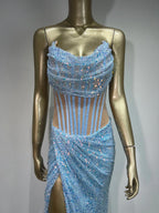 Strapless Mesh Sequins Ruffles Maxi Dress