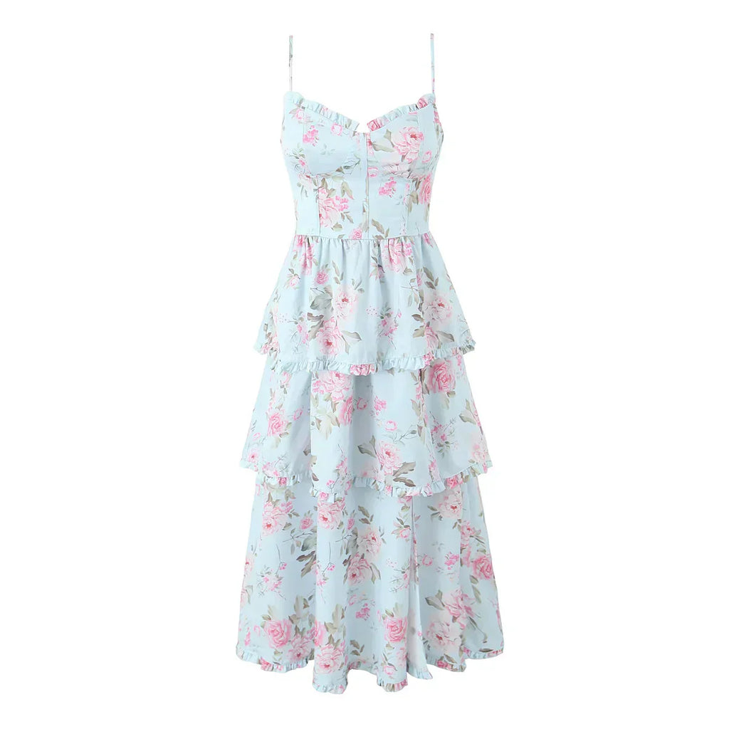 Print Cross Lacing up Back Slit Midi Dress