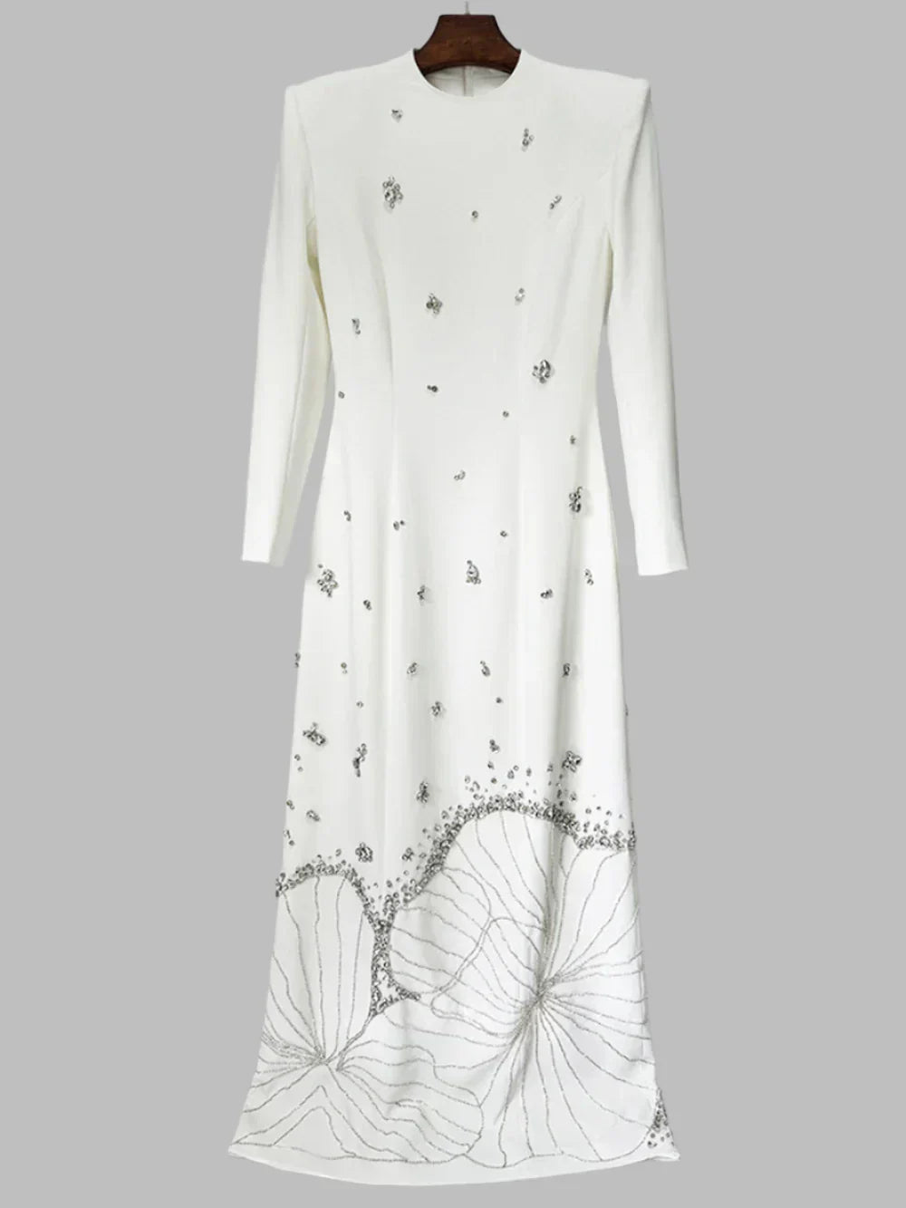 White Beads Diamond Long Sleeve Maxi Dress