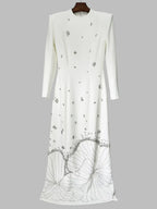 White Beads Diamond Long Sleeve Maxi Dress