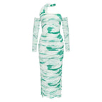 Halter Open Shoulder Printed Lace Fold Midi Dress