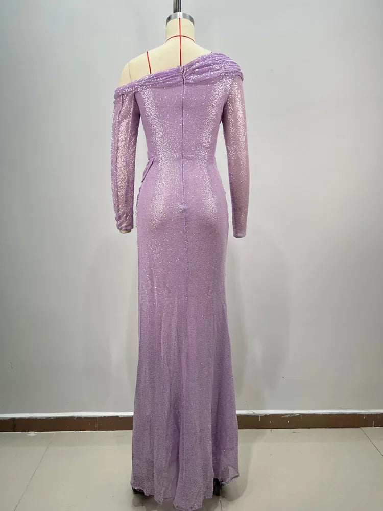 Off - Shoulder Long Sleeve Asymmetric Mesh Dress
