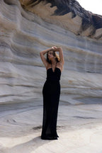 Solid Backless Halter Knit Slit Maxi Dress
