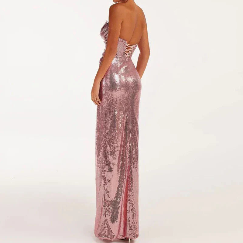 Sequined Strapless Slit Lace Up Ankle Length Dress