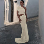 Mesh Backless One - Shoulder Long Dress