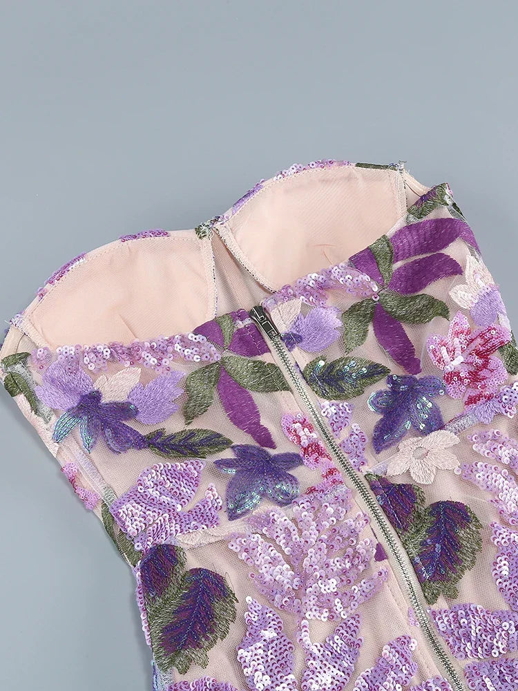 Floral - Embellished Sequin Lavender Ankle Length Dress