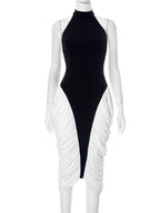 Patchwork Halter Backless Contrast Pleated Midi Dress