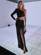 Black Inclined Shoulder High Split Draped Maxi Dress