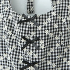 Gray Embroidery White Flower Bow Halter Mini Dress