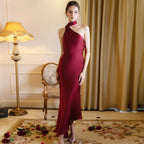 Satin Backless Halter Ribbon Black Maxi Dress
