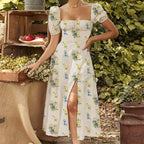Split Short Sleeve A Line Floral Dress