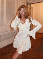 Long Sleeve Ruffled Solid Lace - up Mini Dress