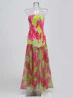 Strapless Retro Print Split Long Dress