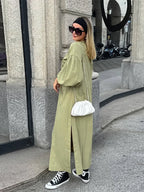 Casual Street Lace Up Long Dresses Women Chic Loose V neck Side Slit Solid Dress Female Summer Versatiel Street Party Robes