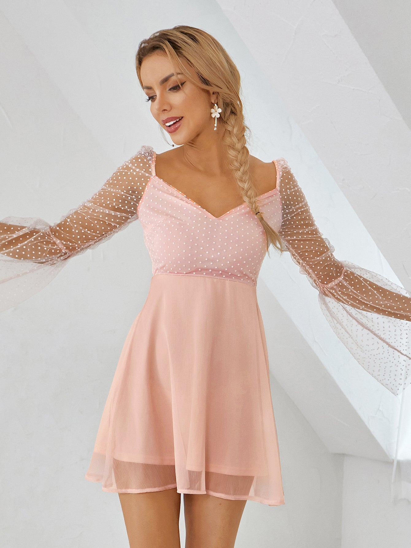 Sheer Bell Sleeve Swiss Dot Dress