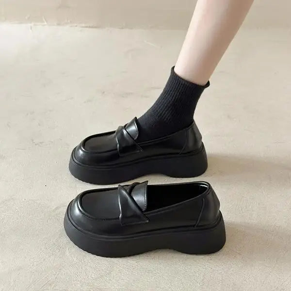 Fur Shallow Mouth Round Toe Leather AllMatch Fall Casual Platform Loafers