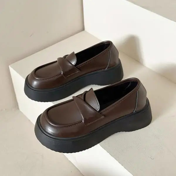 Fur Shallow Mouth Round Toe Leather AllMatch Fall Casual Platform Loafers