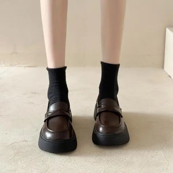 Fur Shallow Mouth Round Toe Leather AllMatch Fall Casual Platform Loafers
