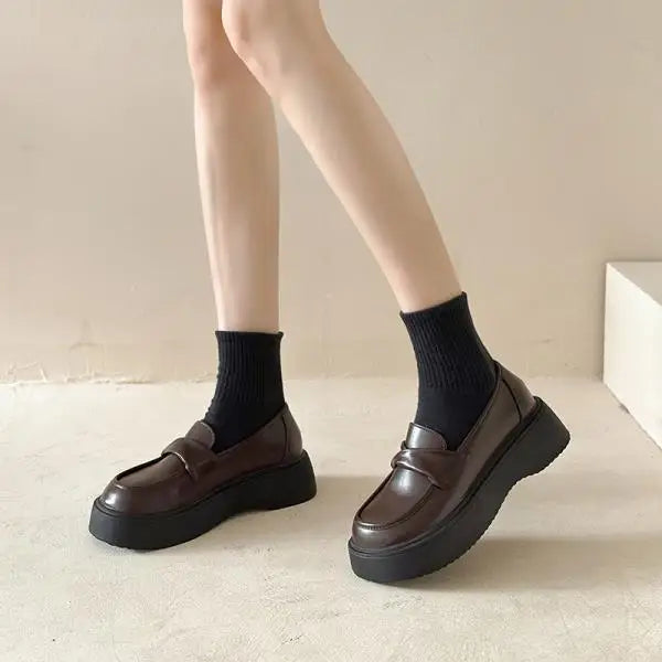 Fur Shallow Mouth Round Toe Leather AllMatch Fall Casual Platform Loafers