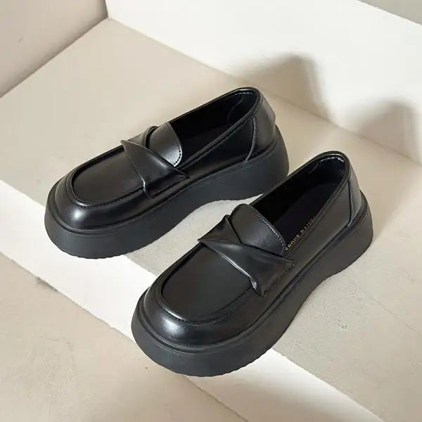 Fur Shallow Mouth Round Toe Leather AllMatch Fall Casual Platform Loafers