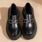 British Style Shallow Mouth Round Toe Fur Casual Black Sneakers Oxfords Loafers